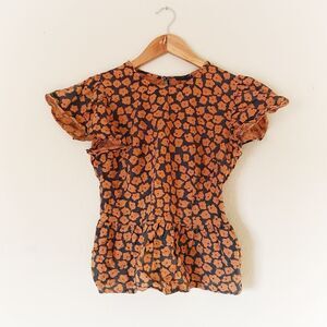 Who What Wear Orange with Black Floral Slort Sleeve Blouse Top Size XS